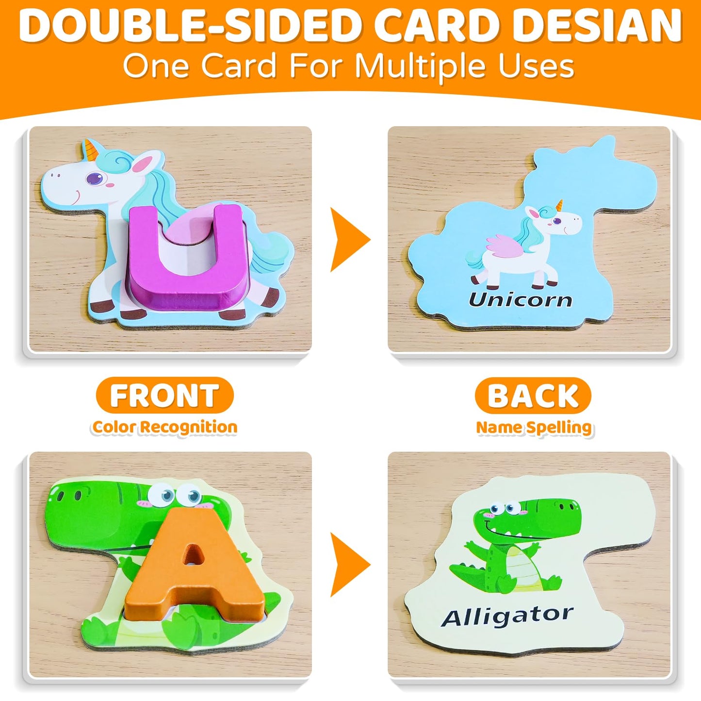 BEESTECH Animal Alphabet Flash Cards, Wooden Letter Puzzle, Educational ABC Learning Toys for 3 4 5 Year Old Boys Girls Toddlers, Preschoolers