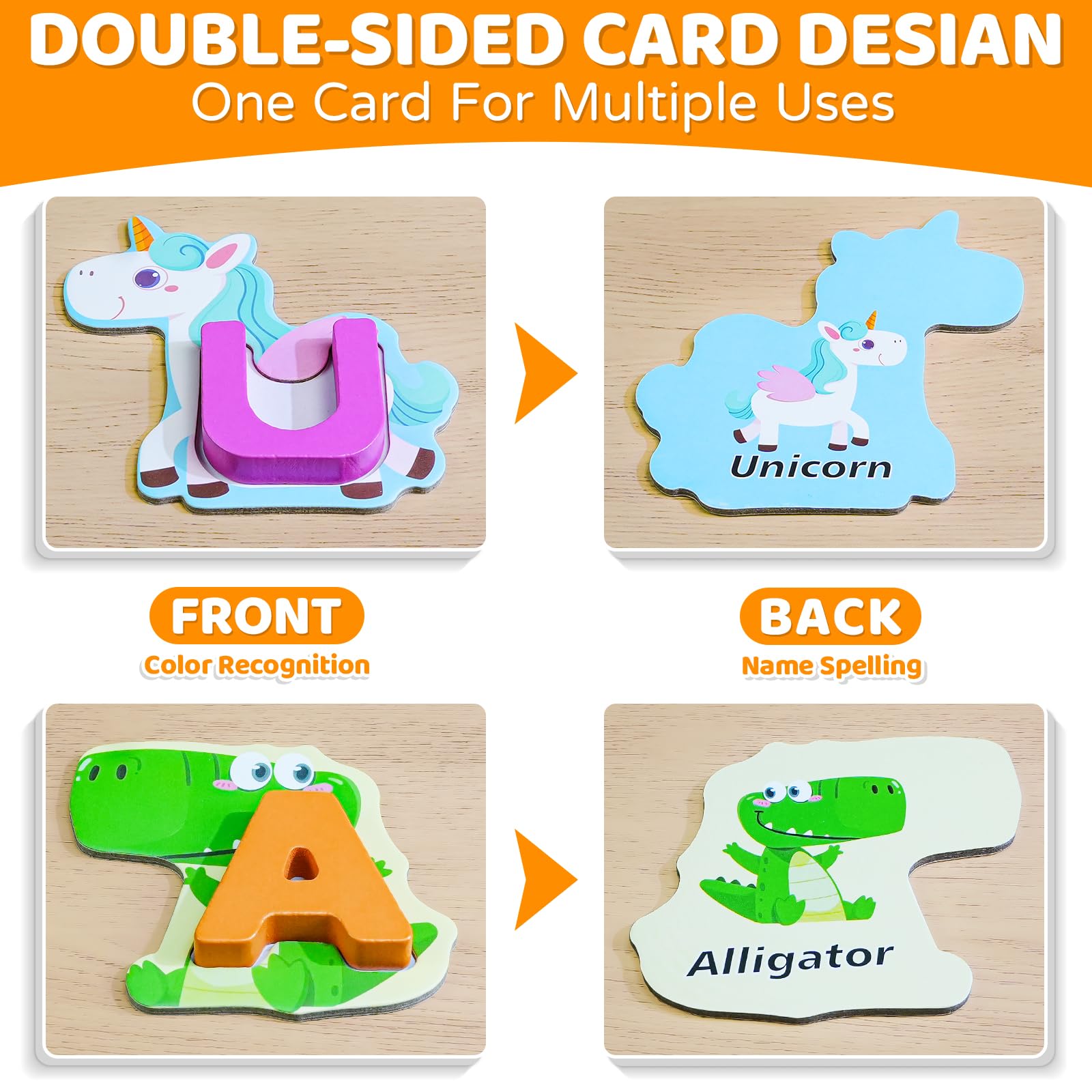 BEESTECH Animal Alphabet Flash Cards, Wooden Letter Puzzle, Educational ABC Learning Toys for 3 4 5 Year Old Boys Girls Toddlers, Preschoolers