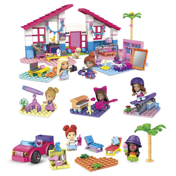 Mega Barbie Malibu Building Sets Bundle, 440 Bricks and Pieces with Fashion and Roleplay Accessories, 7 Micro-Dolls, 1 Puppy, 2 Birds and 2 Turtles