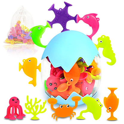 Suction Bath Toys for Kids, 18 Pcs Ocean Animal Suction Cup Toys with Eggshell & Bag, No Hole Mold Free Bath Toy, Sensory Window Building Toys