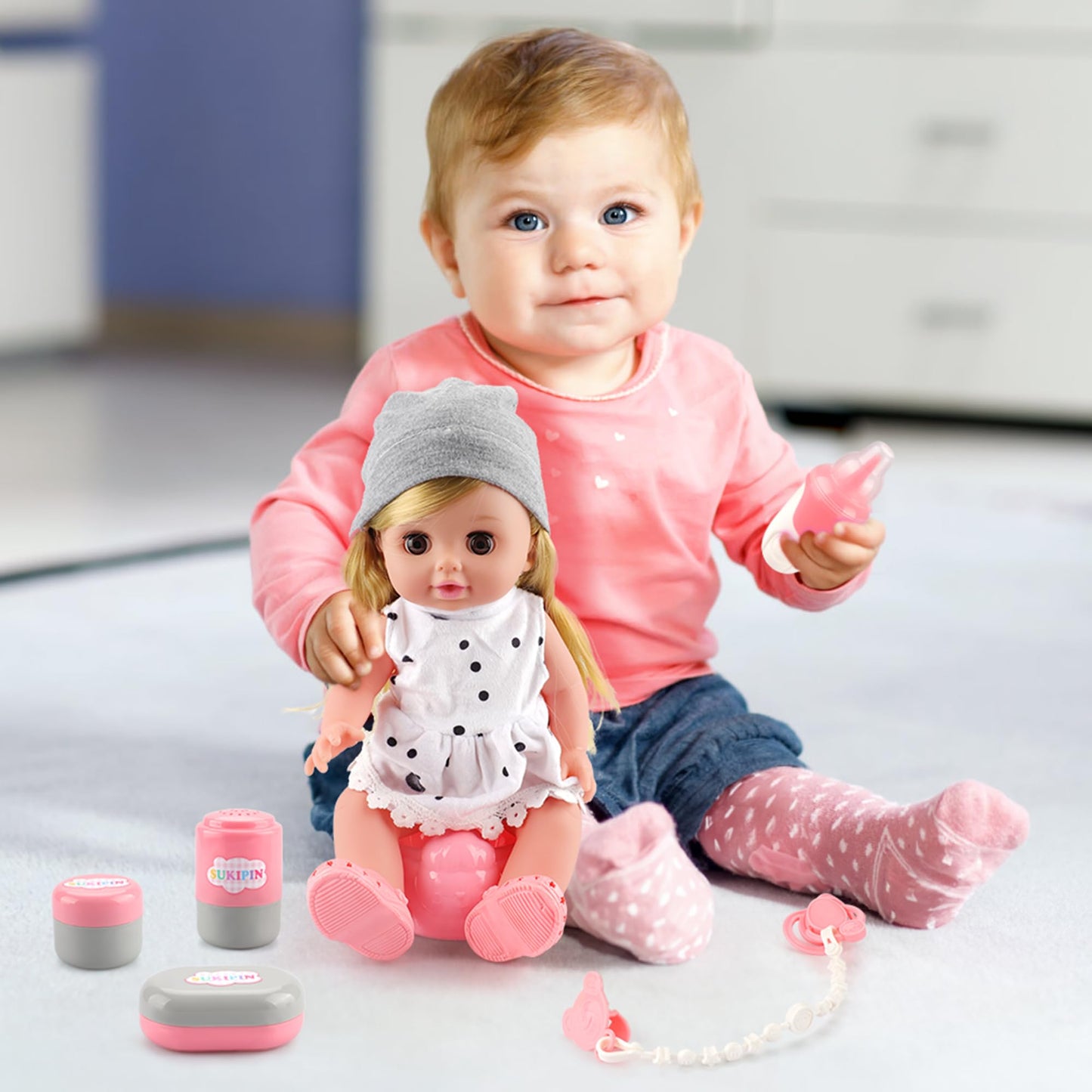 SUKIPIN Baby Doll Bath Set, Baby Dolls for 5 Year Old Girls for Easter Basket Stuffers, Doll Bathtub Toys for 3 4 5 Years Old Girl Birthday Gifts