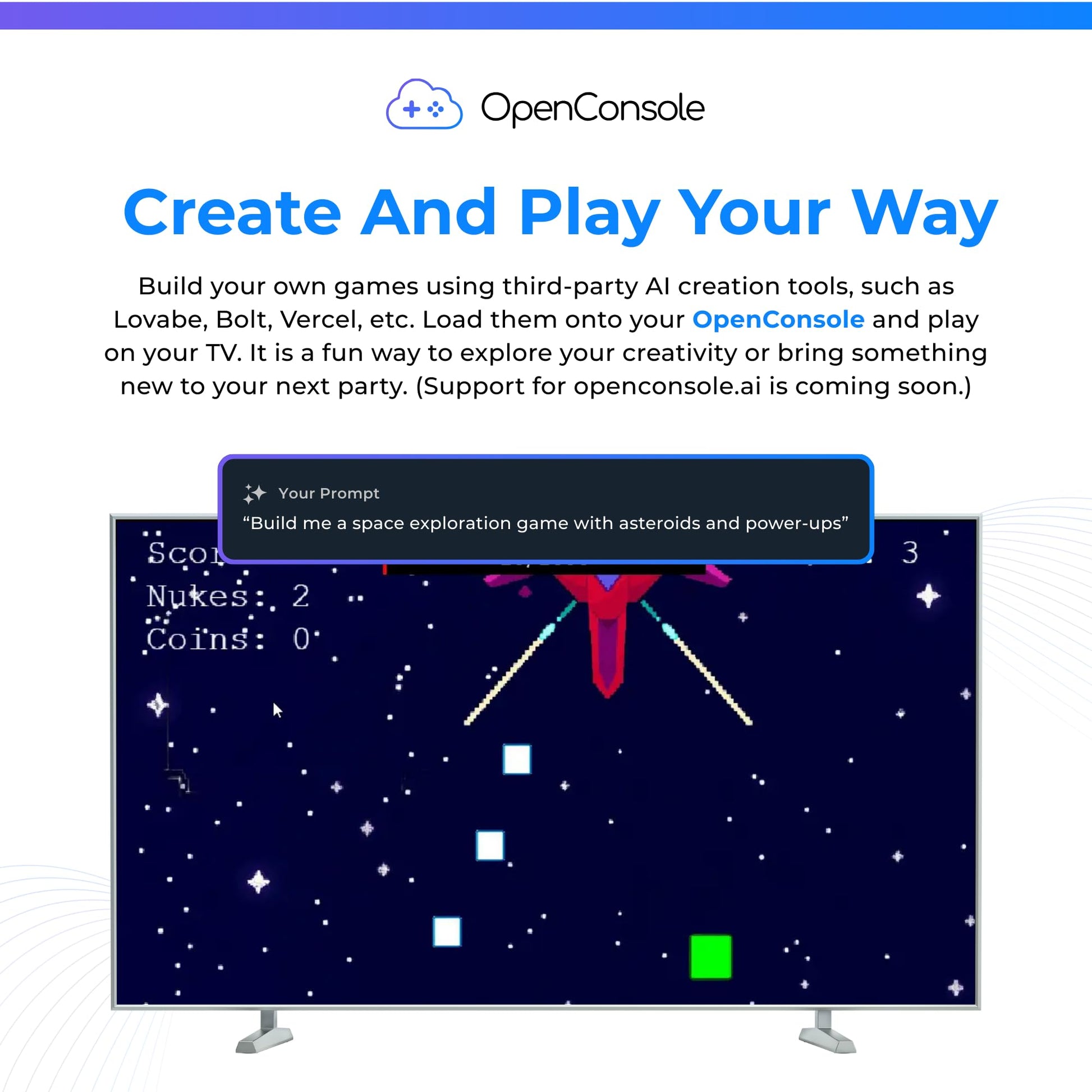 OptiSigns OpenConsole Plug and Play Game Console Stick with Wireless Controller - Android-Based HDMI Game System for Playing and Creating Games on