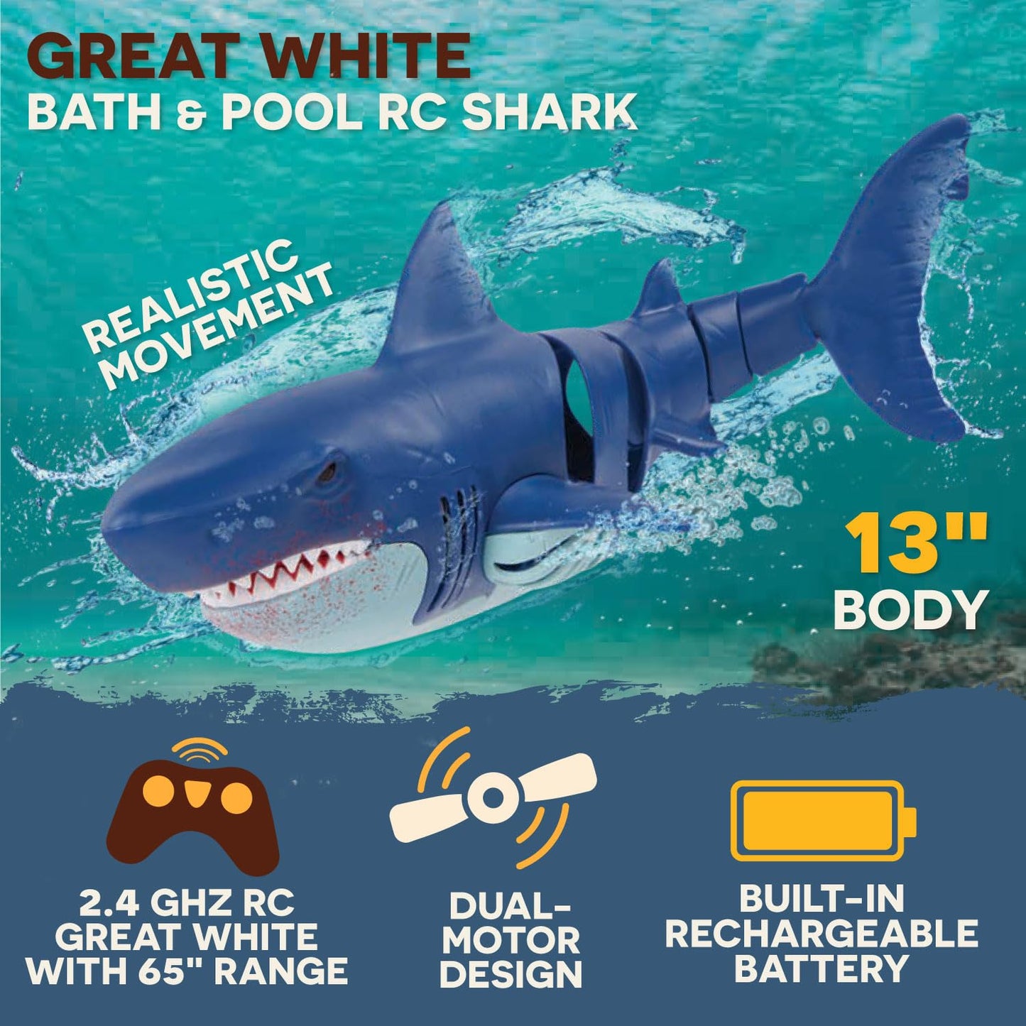 Terra by Battat - Remote Control Shark Toy for Bath & Pool Play - Electronic Great White Shark with Realistic Movement - Water Fun for Kids 6+ Years