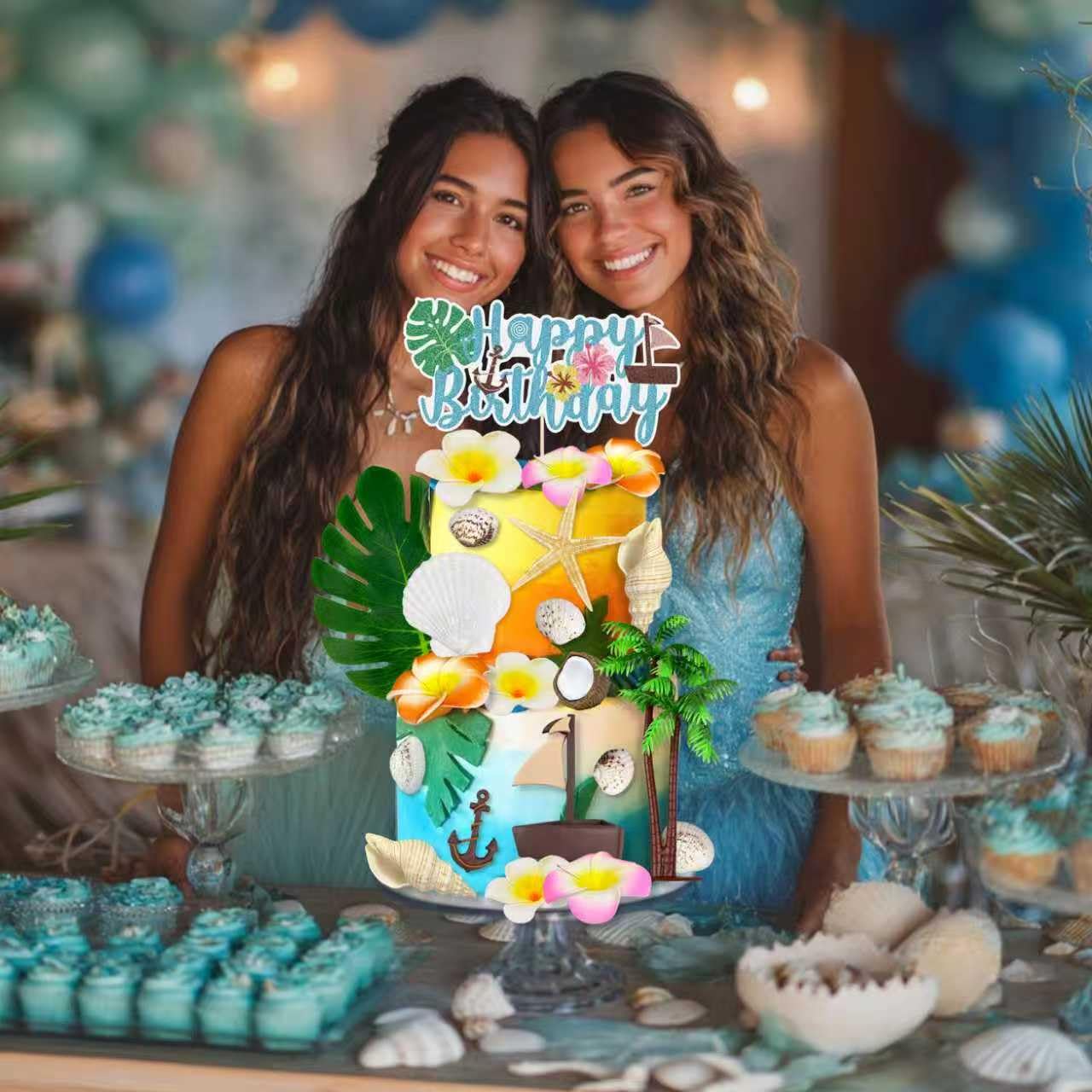 22PCS Hawaiian Cake Decorations Set with Sea Shell Including Coconut Tree Cake Decorations Boat Flowers Starfish Conch Leaves for Summer Party