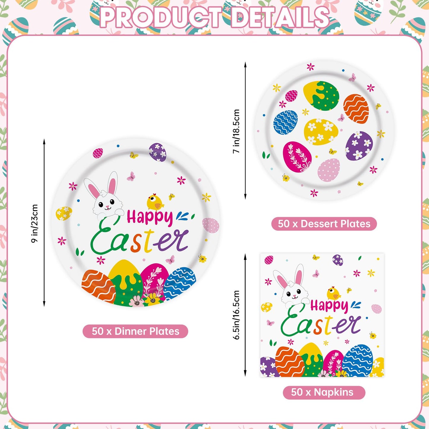 150 Pcs Happy Easter Plates and Napkins - Easte Egg Paper Dinnerware Set, Cute Eastes Rabbit Dinner Dessert Plates Luncheon Napkins Tableware