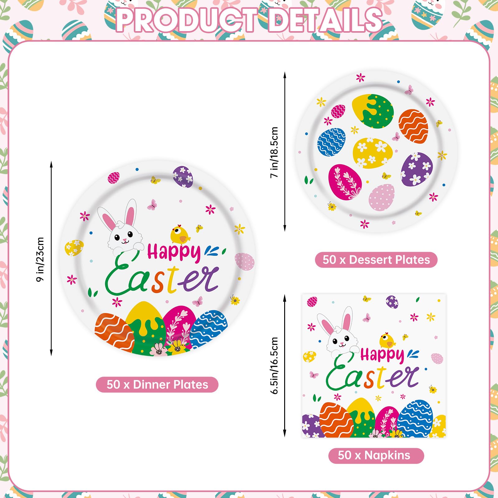 150 Pcs Happy Easter Plates and Napkins - Easte Egg Paper Dinnerware Set, Cute Eastes Rabbit Dinner Dessert Plates Luncheon Napkins Tableware