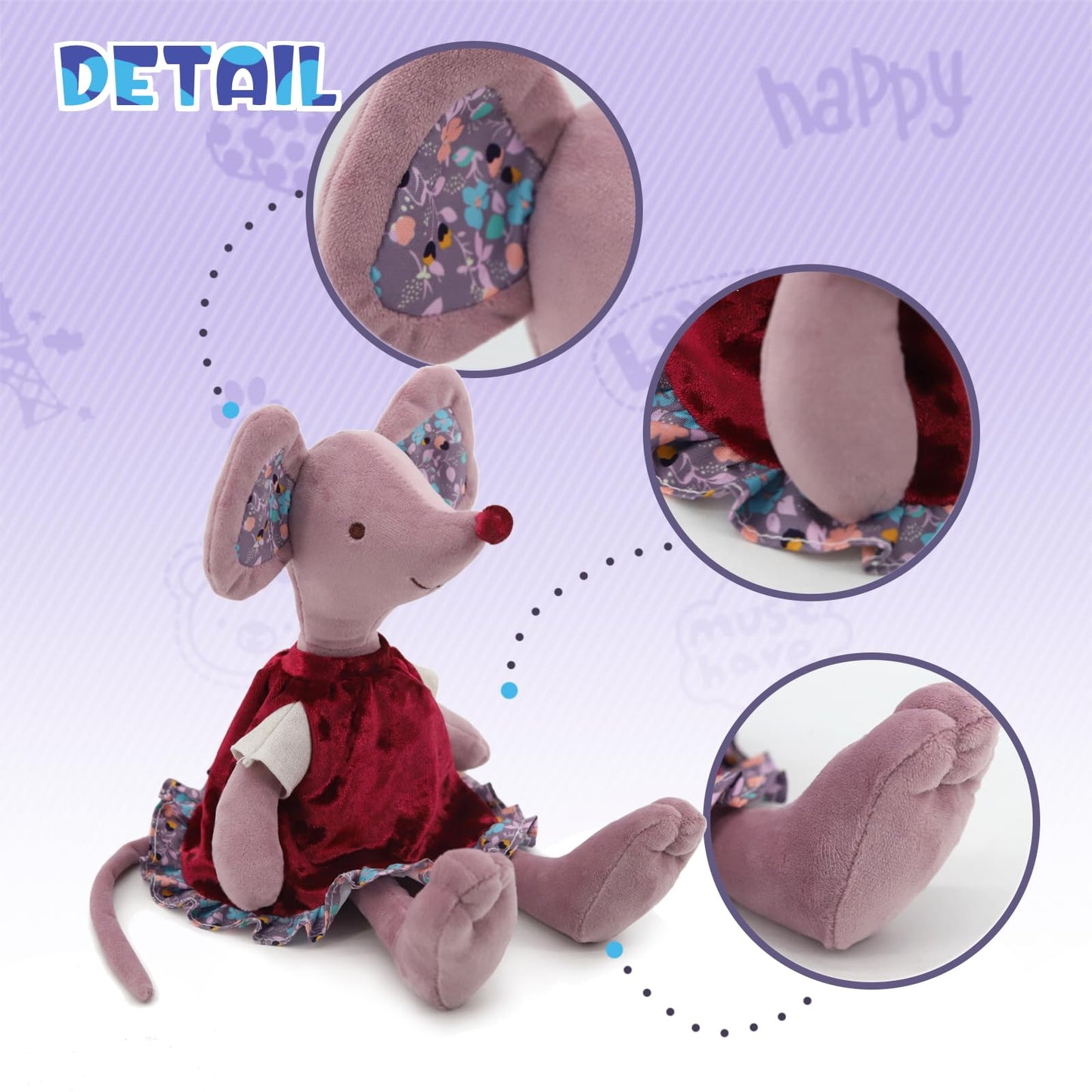 JamieCare 12'' Lovely Birthday Ballet Mouse Plush Toy Doll, Soft Stuffed Animals Cute for Toddler Boys and Girls, Red Dress and Clothes are Removable