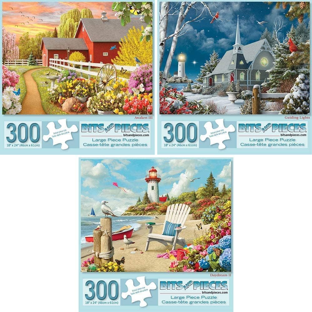 Bits and Pieces 3 Jigsaw Puzzle Set - 300 Piece Puzzles for Adults - Alan Giana Seasons Set - 18" x 24" Jigsaw Puzzles - Spring Winter Beach - Random