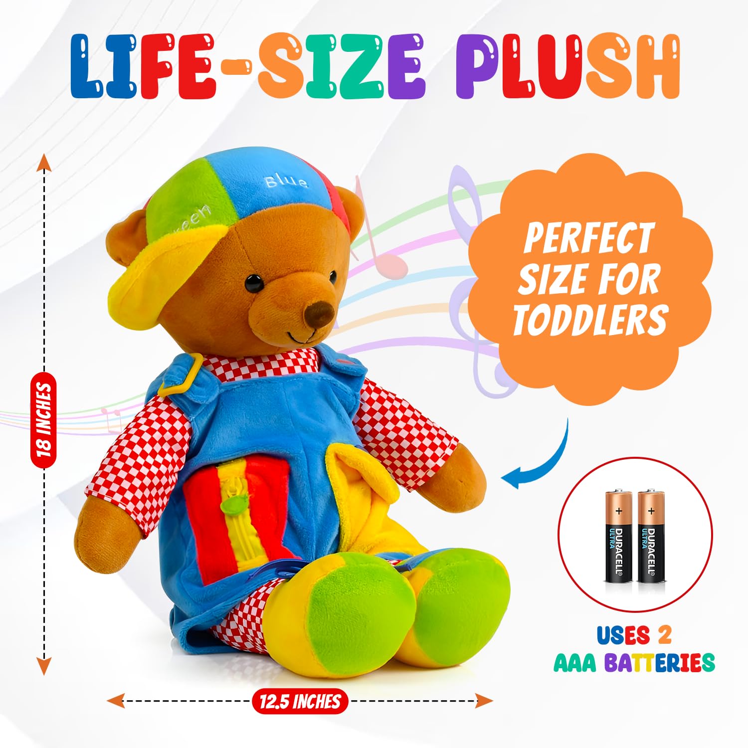 Bundaloo Talking Learning Dress-Up Bear for Toddlers - Educational Plush Toy that Talks & Sings ABCs, Zipper Button Shoelace Buckle Skills, 18”