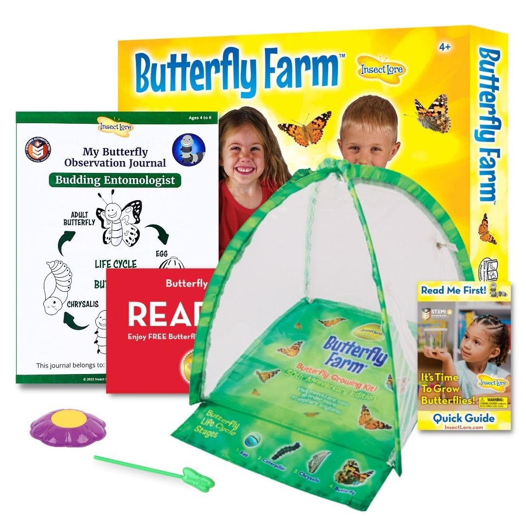 Insect Lore Butterfly Farm with Pre-Paid Voucher to Redeem Caterpillars - Ultra-Clear Dome Habitat, STEM Journal, Chrys-A-Lid Holder - Give the Gift