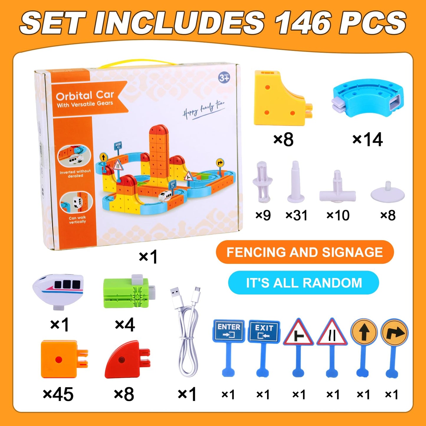 GtuiBugt 146PCS DIY Electric Orbital Car Toy Set Gift for Kids 3+