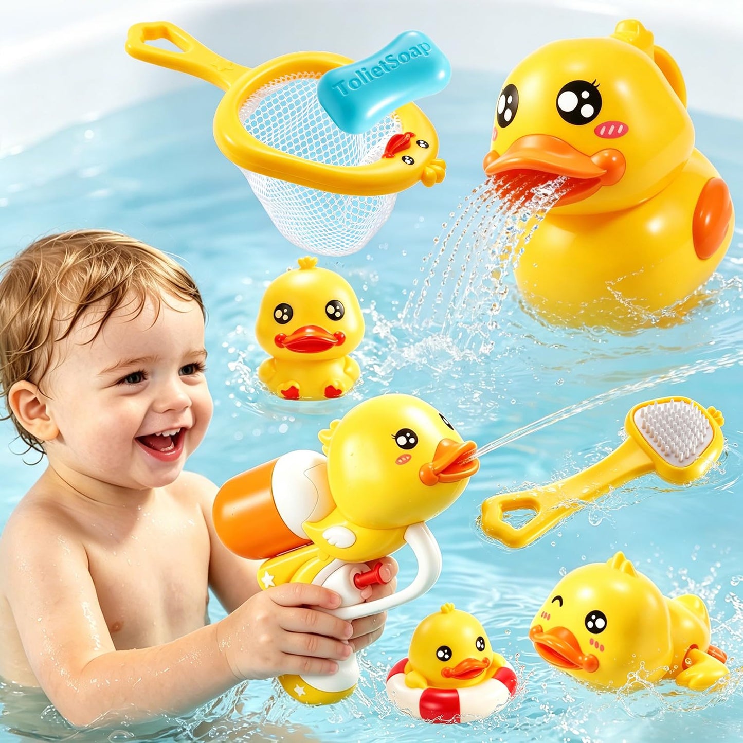 8 PCS Baby Bath Duck Toys for Toddlers Age 1-3, Kids Bathtub Toys Set with Squirt Gun, Watering Can, Floating Rubber Ducks and Fishing Net, Baby