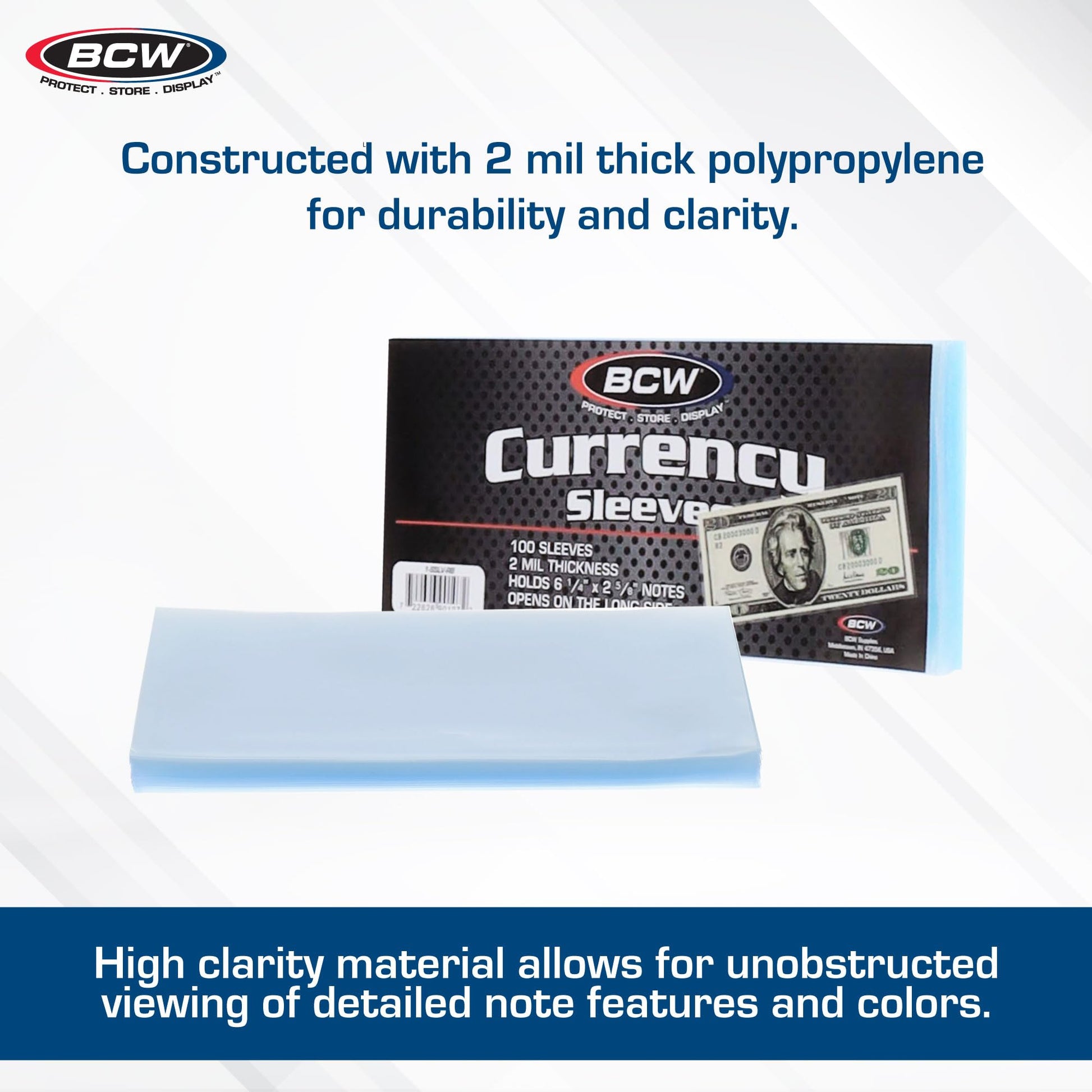 BCW Regular Bill Currency Sleeves - 200 Pack | Thin, Low-Bulk, Acid-Free Polypropylene Sleeves for US Paper Currency | Clear Protective Sleeves for