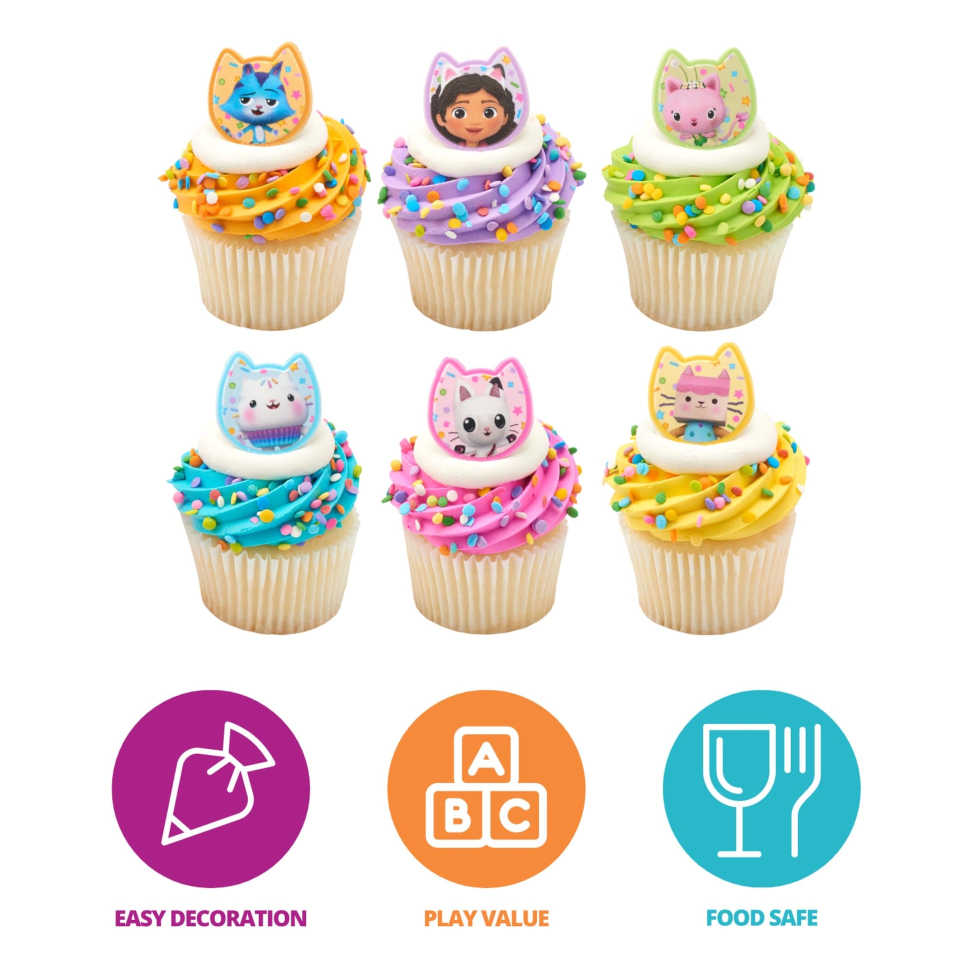 DecoPac DreamWorks Gabby's Dollhouse Rings, 72 Cupcake Decorations Featuring Gabby, Pandy Paws, Irresistible Kitty Characters, and Super Fun