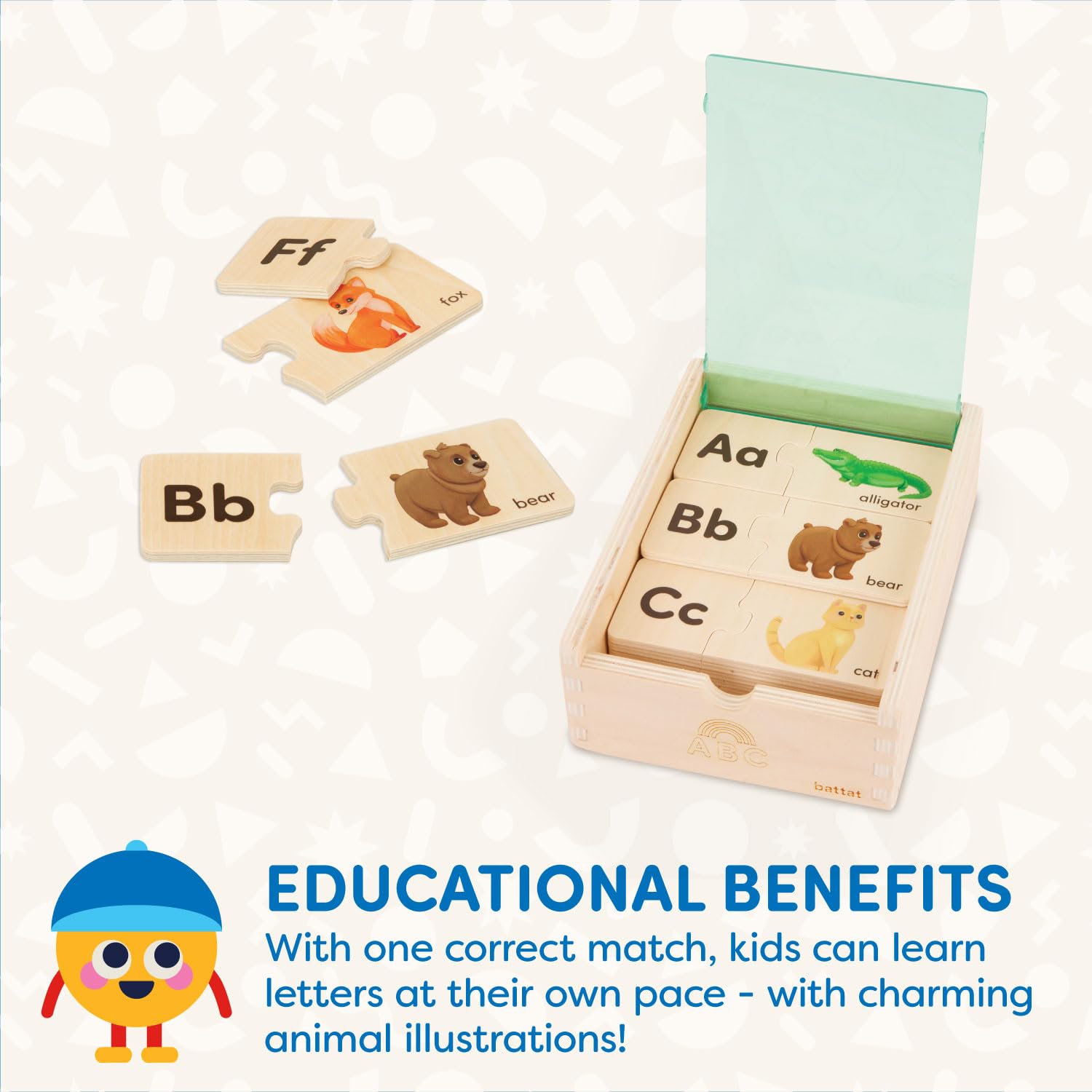 Battat One-Match Alphabet Puzzle, Self-Correcting Wooden ABC Box, Alphabets