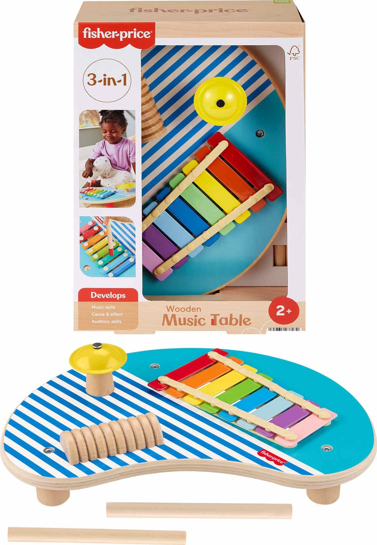 Fisher-Price Wood Toddler Toy Musical Table, 3-Piece Wooden Percussion Instrument for Developmental Play Kids Ages 2+ Years