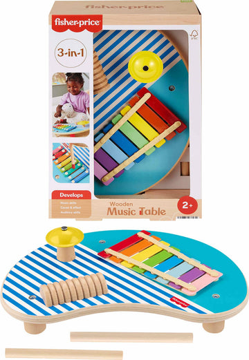 Fisher-Price Wood Toddler Toy Musical Table, 3-Piece Wooden Percussion Instrument for Developmental Play Kids Ages 2+ Years