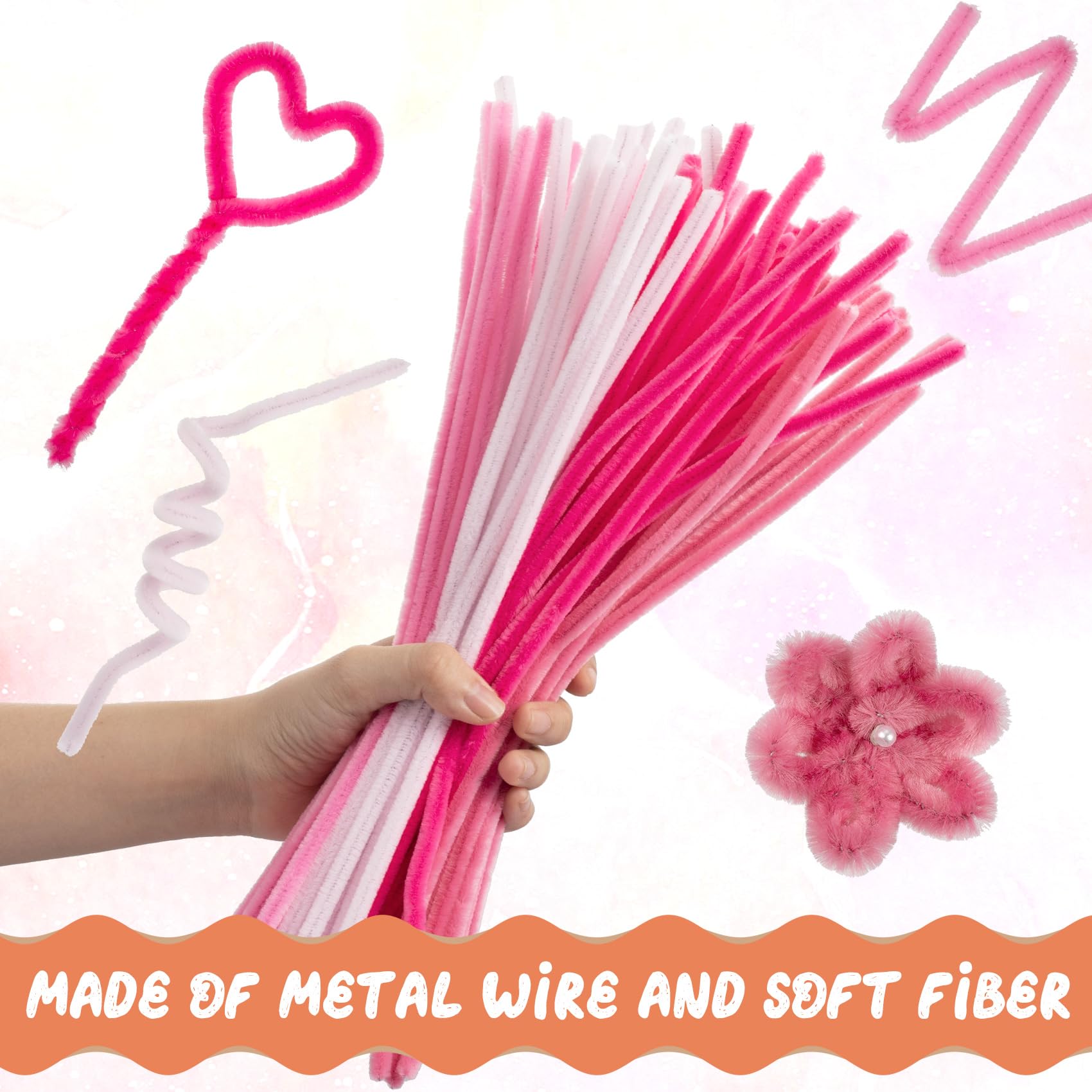 BEIQIYA 80pcs Fluffy Tube Cleaner, Thick Fluffy Fuzzy Wire Sticks Crart Supplies for Making Animals Plants Fruits Flowers Decorations- Pink