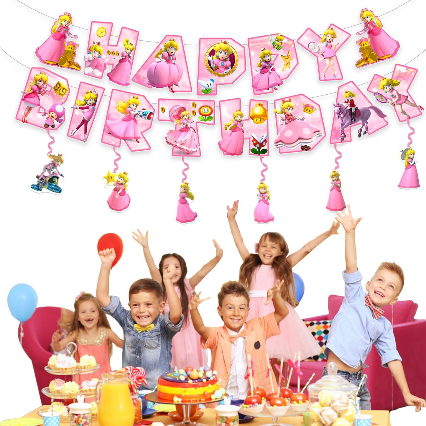 13Packs Princess Peach party supplies Include 12 pcs Hanging Swirls and 1 Happy Birthday Banner for Princess Peach party Decoration