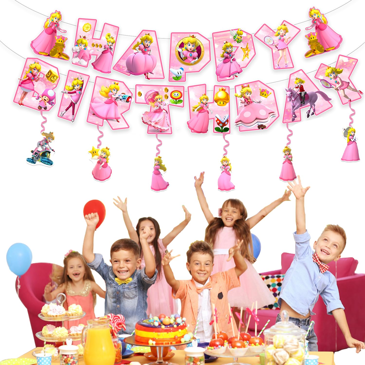 13Packs Princess Peach party supplies Include 12 pcs Hanging Swirls and 1 Happy Birthday Banner for Princess Peach party Decoration