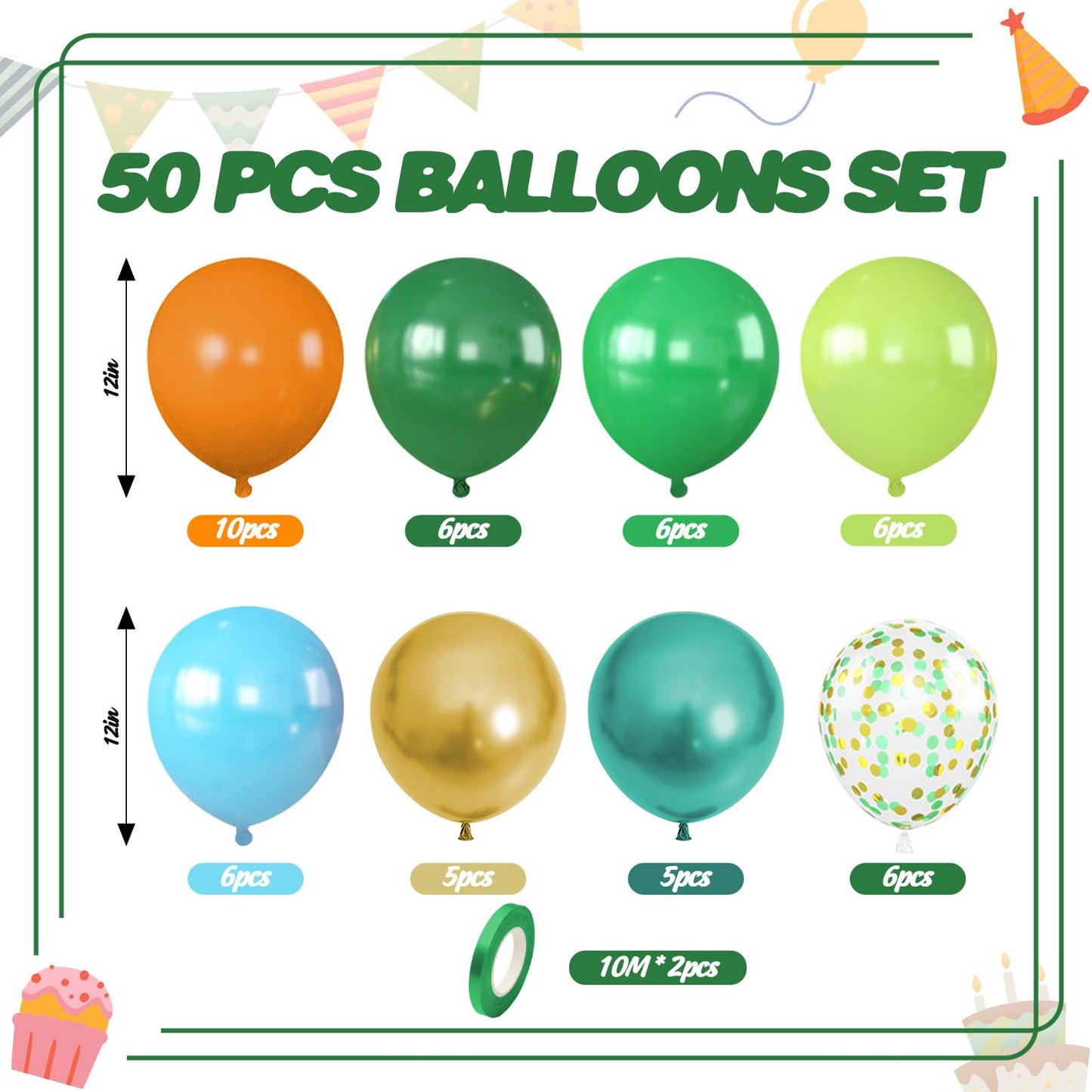 Dinosaur Balloons, 12 Inch Dark Green Teal and Orange Balloons, Metallic Gold Fruit Green Gold Confetti Balloon with Ribbons for Boys Baby Shower