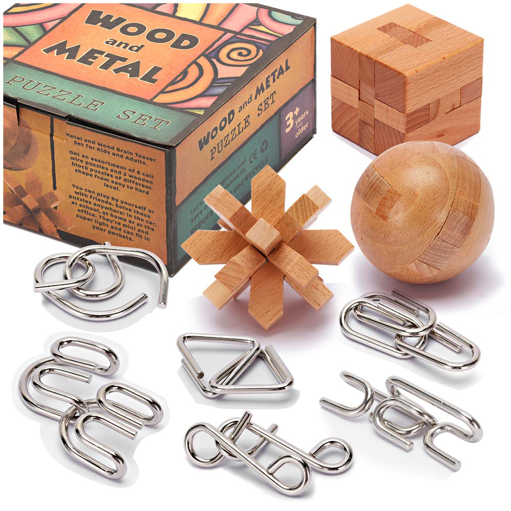 LESONG Brain Teasers Metal and Wooden Puzzles for Kids and Adults 9 Pack, Mind, IQ, and Logic Test and Handheld Disentanglement Games, 3D Coil Cast