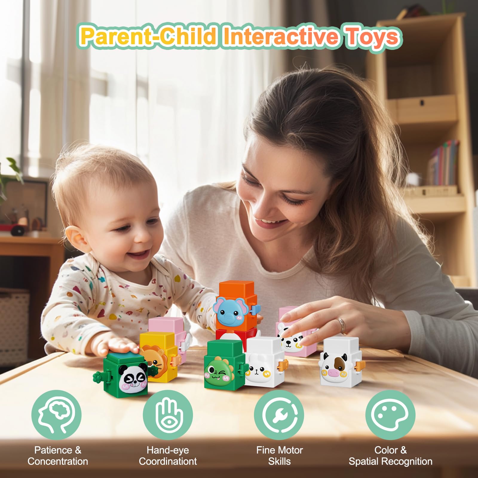12 PCS Stacking Toys Set for Toddlers 18+ Months 1 2 3 4 Years Old Boys Girls Preschool Pressable Animals Stacking Blocks Sensory Toys with Cute