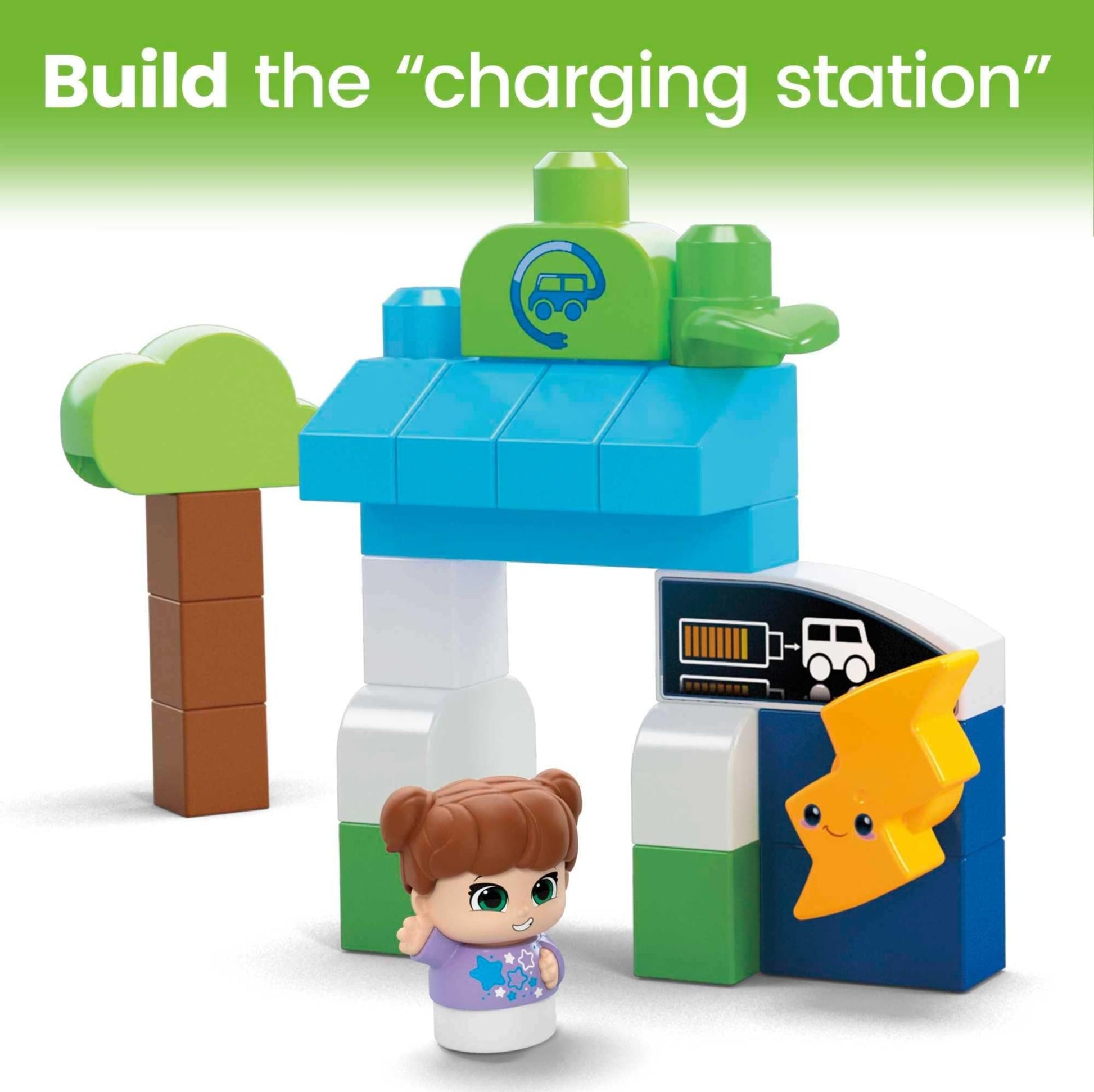 MEGA BLOKS Fisher-Price Toddler Building Blocks, Green Town Charge & Go Bus with 34 Pieces, 2 Figures, Kids Age 1+ Years
