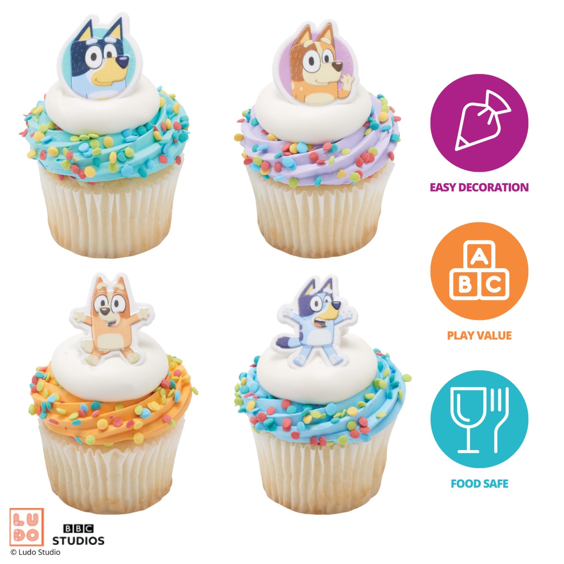 DecoPac Bluey So Much Fun Rings, 24 Cupcake Decorations Featuring Bluey, Bingo, Bandit, and Chilli, 3D Food Safe Cake Toppers - 24 Pack