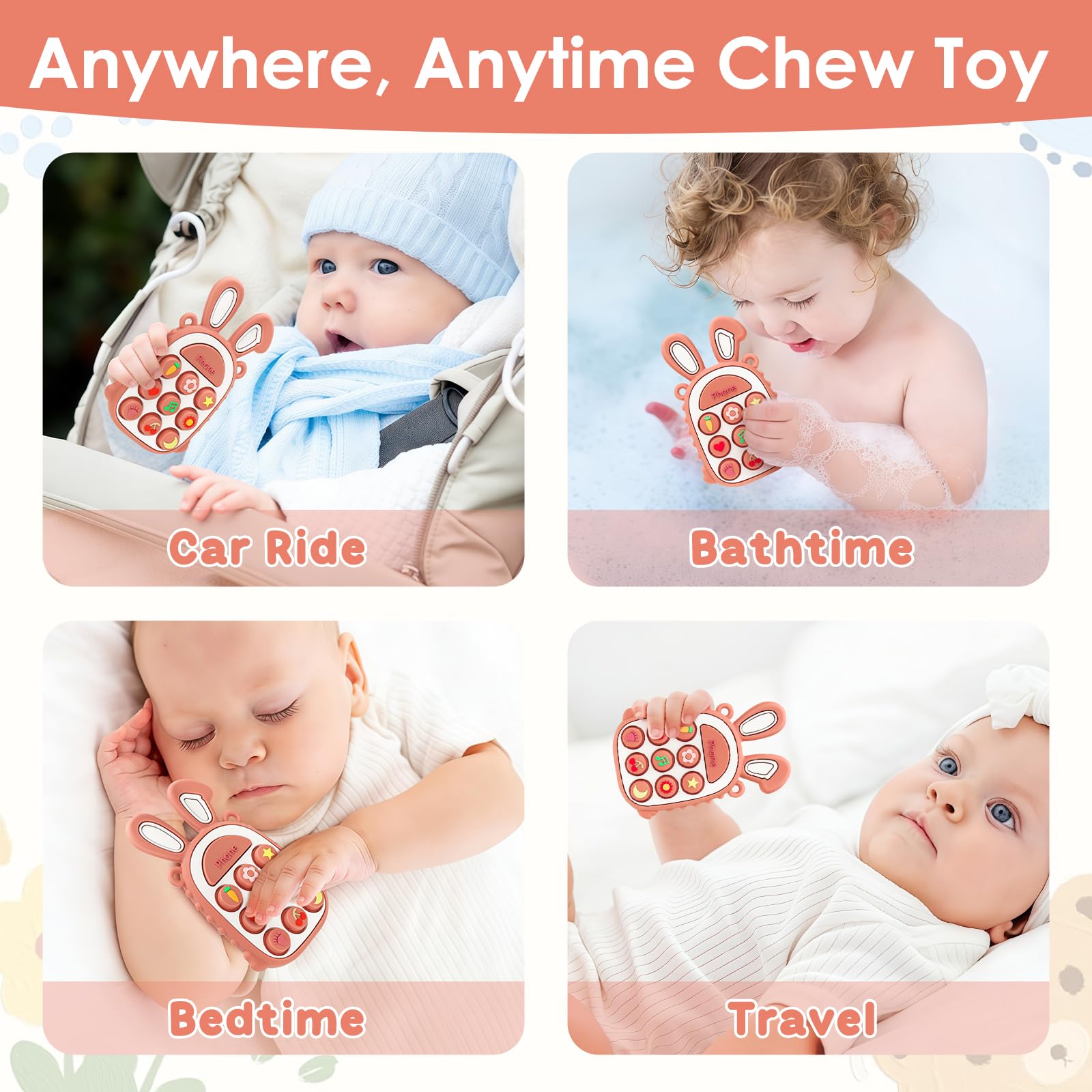 MISSLILI Teething Toys for Babies, BPA-Free Silicone Teether Toy for Infants, Cute Rabbit Phone Design with Easy-Grip Ears, Soothing Gums and Push Pop