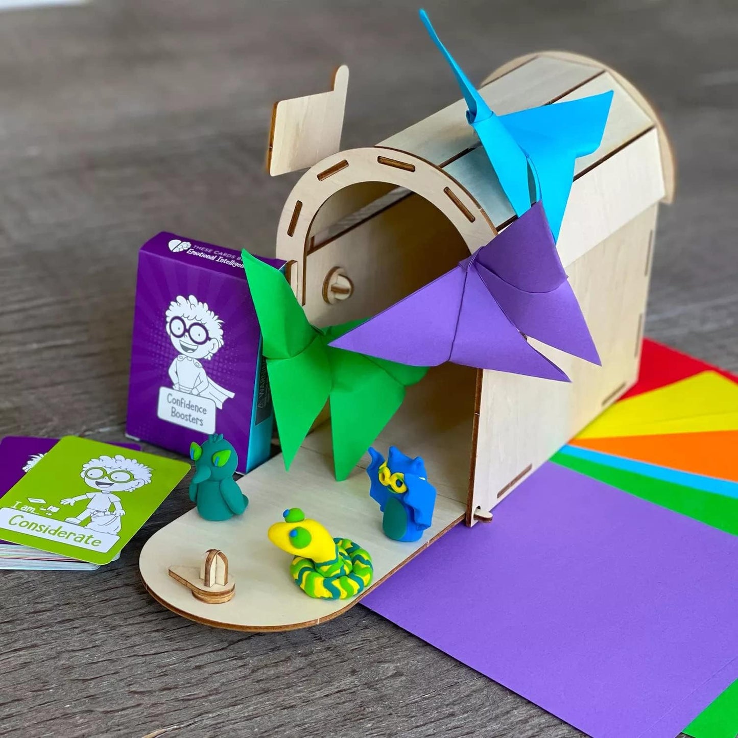 Open The Joy Anxiety Management Box for Kids - DIY Wooden Mailbox, Air-Dry Clay Kit, Origami Crafts, Confidence Cards, and Emotional Learning