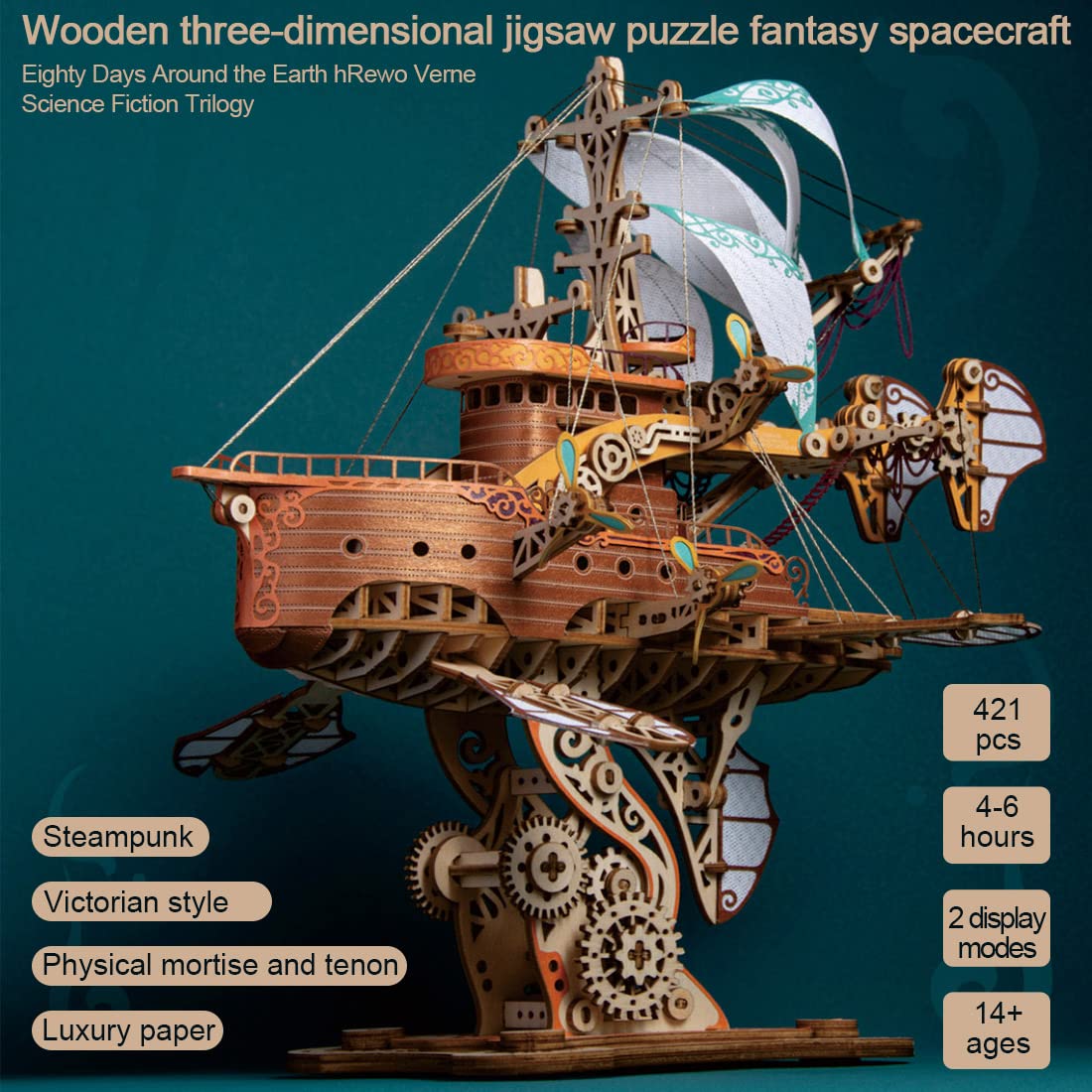 Keetopteep 3D Wooden Puzzles for Adults, DIY Fantasy Spaceship Wooden Puzzle Model Building Kits, 420pcs 3D Puzzles Model Educational Brain Teaser DIY