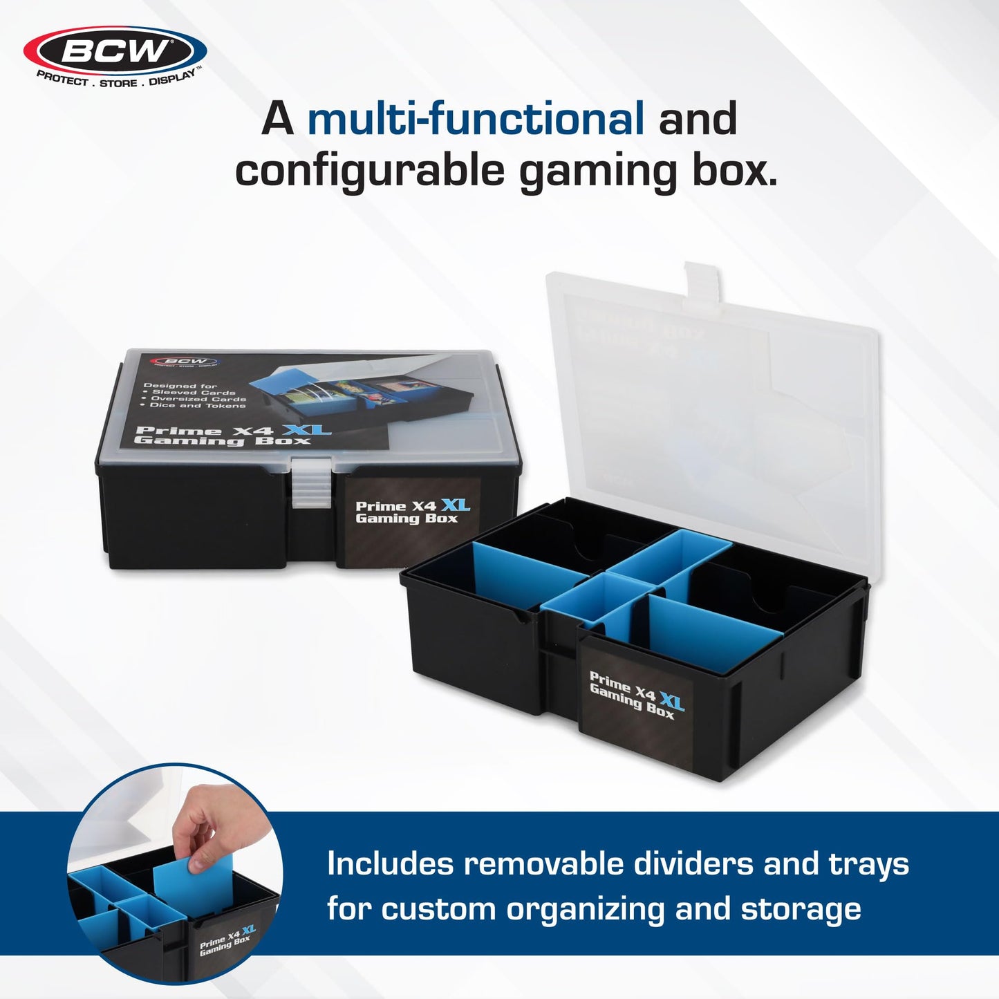 BCW Prime X4 XL Gaming Box | Playing Card Storage Box for Decks and Game Accessories, Includes Removable Dividers and Dice Trays | Trading Card