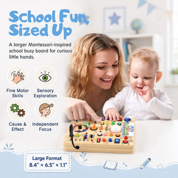 Busy Board with 19 LED Light Switches, Montessori Toys for 1 2 3 Years Old, Wooden Sensory Board, Toddlers Activity Travel Toys for 1 2 3 Year Old Boy