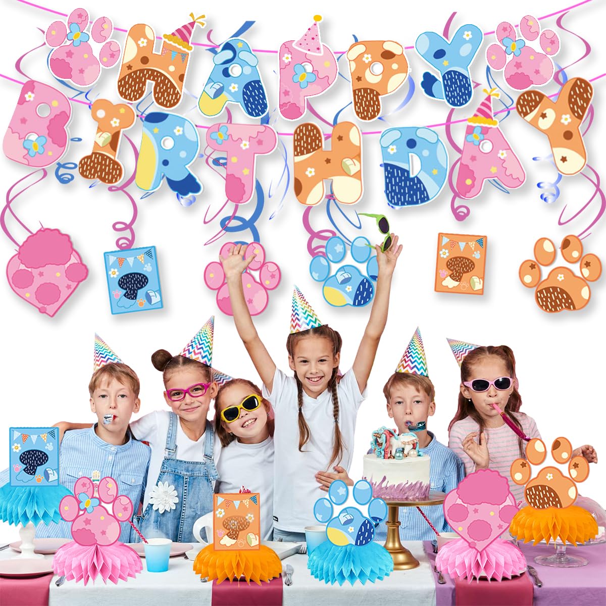 Blue and Pink Dog Birthday Party Supplies, Cute Dog Party Decorations -Banner -6 swirl-6 Honeycomb Centerpieces