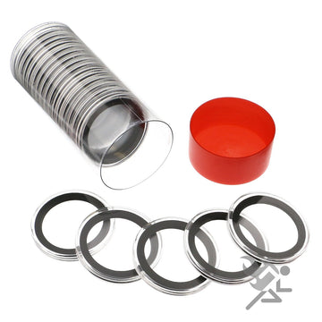 OnFireGuy Red Cap Tube & 20-Pack 38mm Black Ring Coin Holders for Silver Dollars | Protective Coin Cases for 1oz Silver Morgan Peace Eisenhower