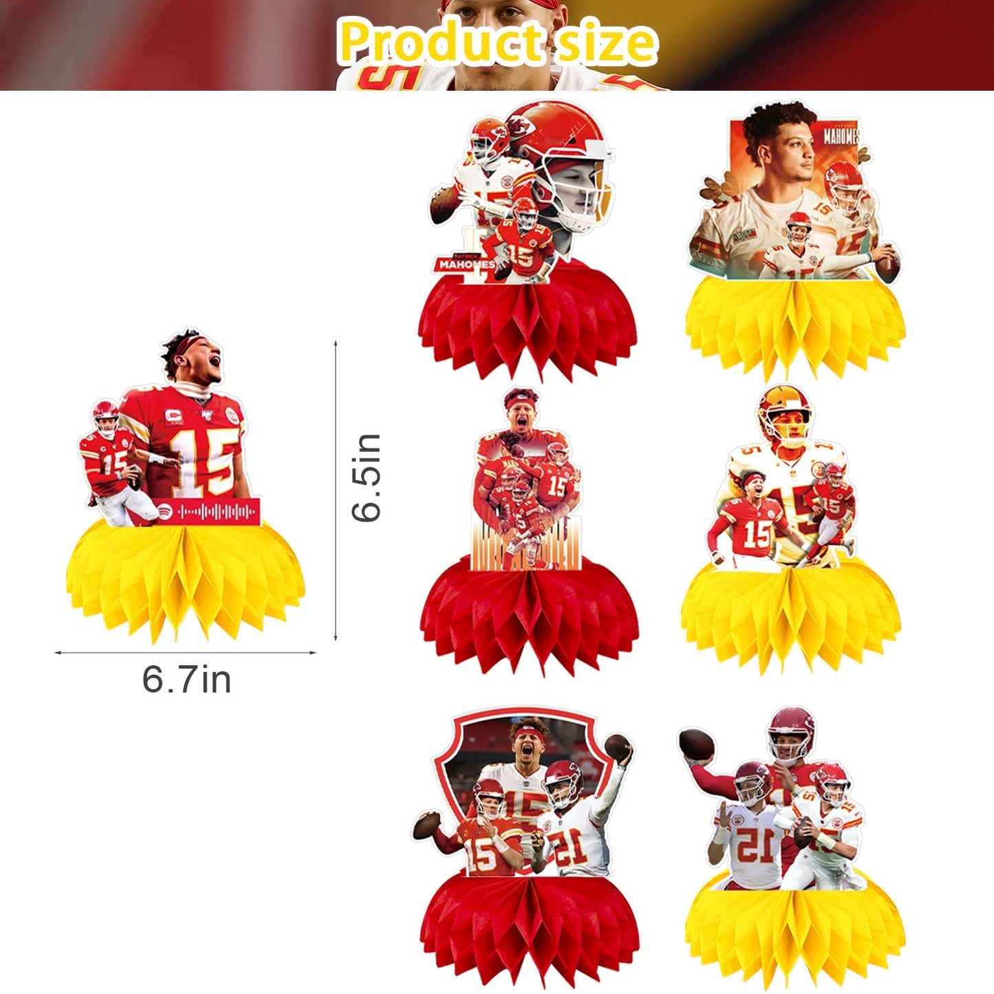 Patrick Mahomes Party Decorations Honeycomb Centerpiece, 7 Pieces American Football Star Theme 3D Double Side Cake Toppers Table Centerpieces, Photo