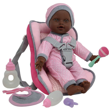 African American Doll Travel PlaySet - Baby Doll Car Seat Carrier Backpack with 12 Inch Soft Body Doll Includes Doll Bottles and Toy Accessories …
