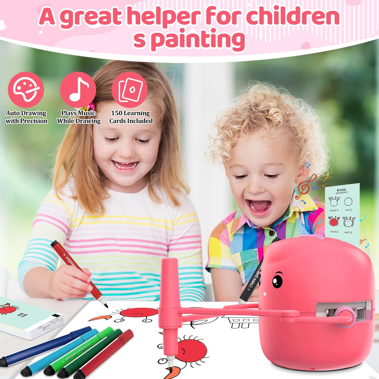 Drawing Robot for Kids with 150 Learning Cards and 17 Colorful Pens, Voice Interactive Educational Smart Art Painting Machine, Step-by-Step Drawing