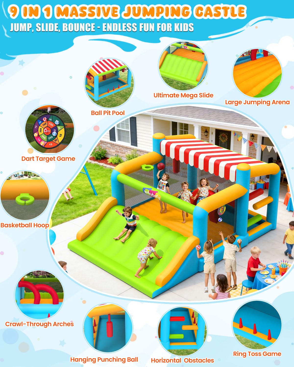 Whubefy Extra Large Bounce House for Big Kids 8-12 & 3-6 with 750W Blower