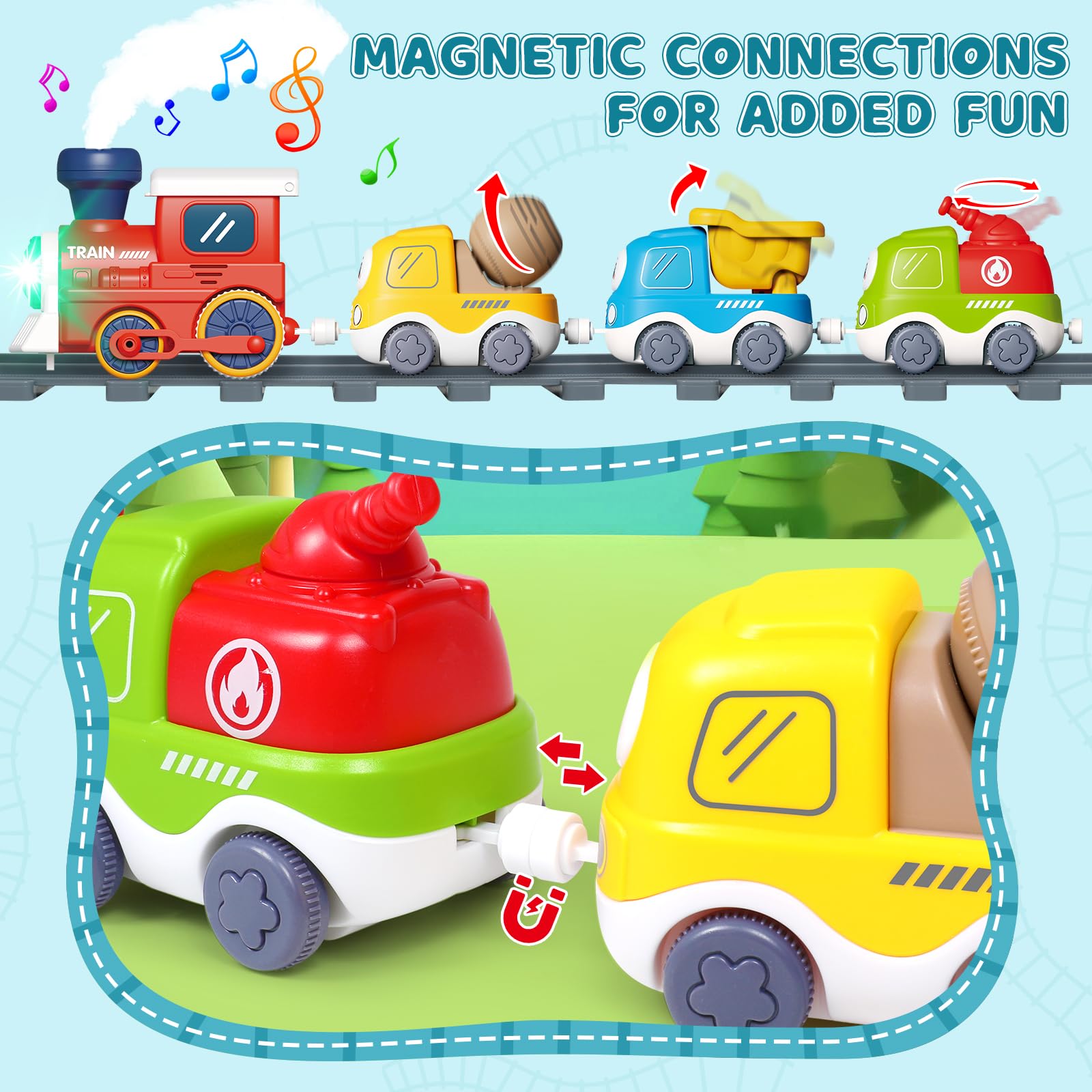 Electric Train Set for Toddlers 3-5 4-8 with Train Tracks Set Lights Up Steam Sign Realistic Music Sound Magnetic Train Connection Toys Birthday 3 4 5