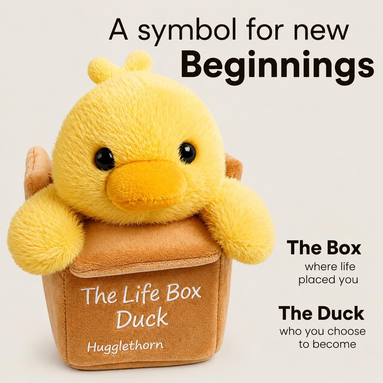 Hugglethorn Life Box Stuffed Duck - Duck Plush, Duck Stuffed Animal with Story Card & Gift Box, Emotional Support Duck, Meaningful Duck Gift, New Job