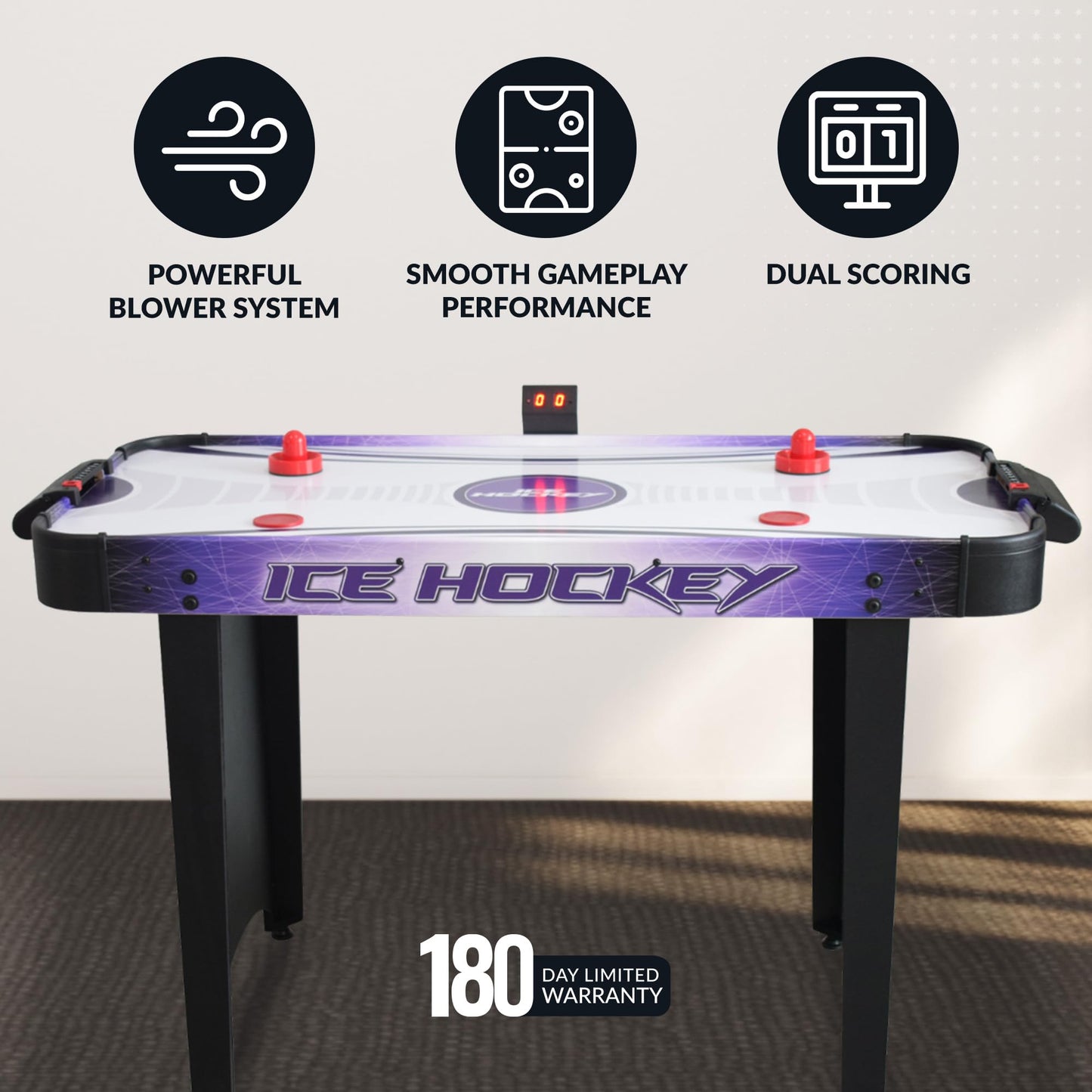 Hathaway Hat Trick 4-Ft Air Hockey Table for Game Room - With LED Scoring, High-Output Blower, Manual Backup, Strikers & Pucks - Black and Purple
