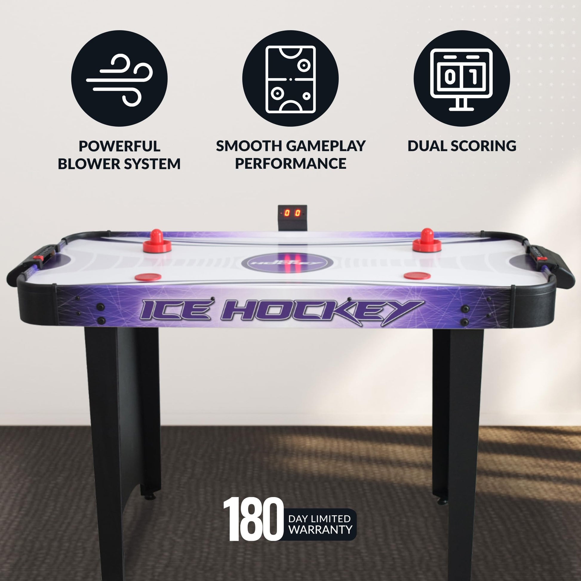 Hathaway Hat Trick 4-Ft Air Hockey Table for Game Room - With LED Scoring, High-Output Blower, Manual Backup, Strikers & Pucks - Black and Purple