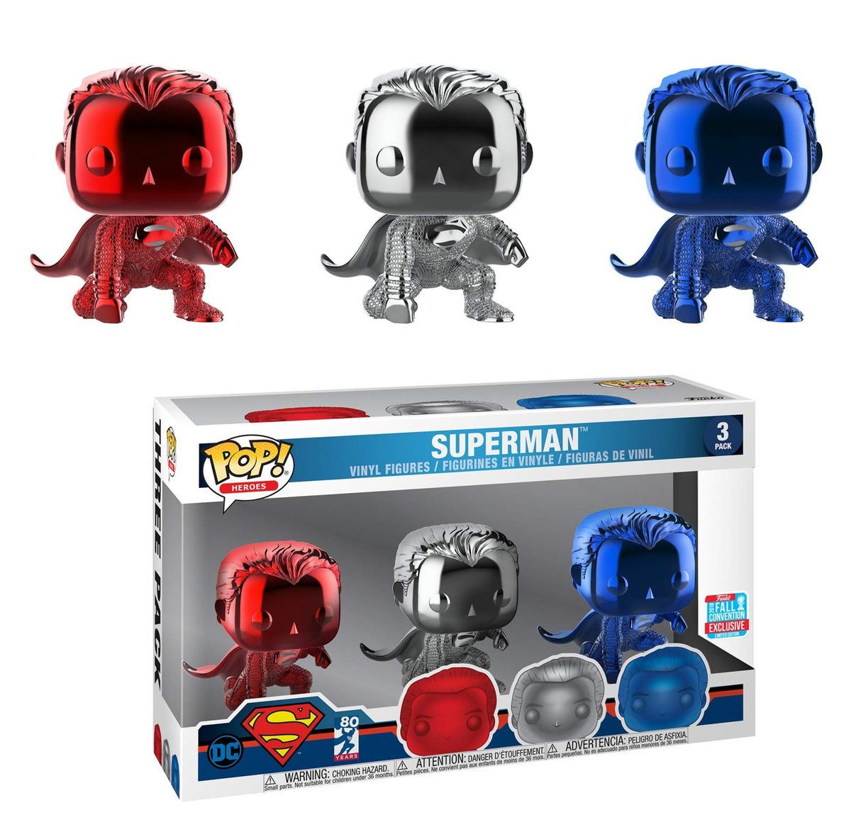 Funk Pop! DC Comics- Superman 3 Pack 2018 Fall Convention Exclusive Limited Edition Chrome
