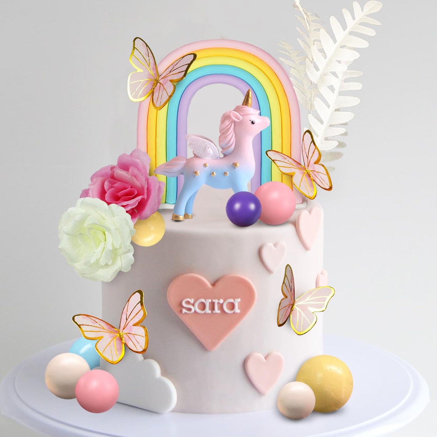 47 PCS Unicorn Cake Topper Unicorn Rainbow Cake Decorations with Rainbow Butterflies Unicorn Balls Happy Birthday Cake Decorations (Style 2)