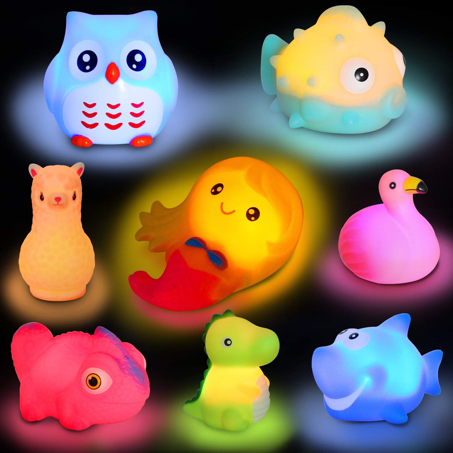 yoliyogo Animal Bath Toy Floating Auto Flashing Early Learning Toy Package with 8 Pcs Dinosaur Shark Flamingo Mermaid Etc Bathtub Shower Set Gift