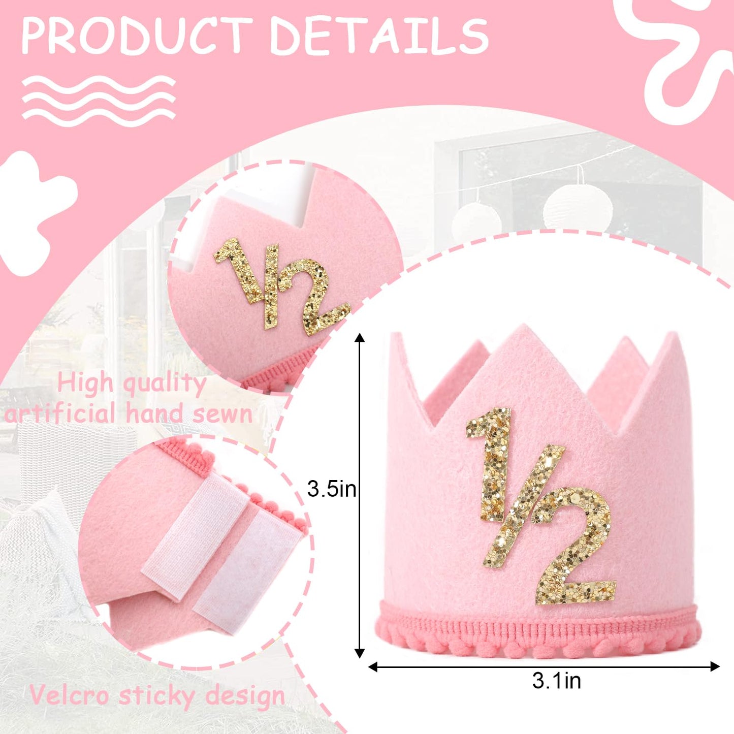SYESQL Half Birthday Crown - 1/2 Birthday Hat for Baby Girls/Boys (Gold Pink)