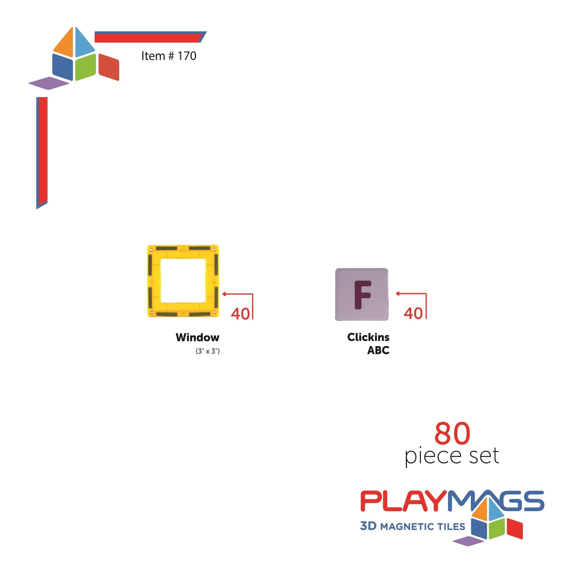 Playmags Magnetic Tile Building Set: Exclusive Educational Clickins - 80-Pc. Kit: 40 Super Strong Clear Color Magnet Tiles Windows & 40 Letters