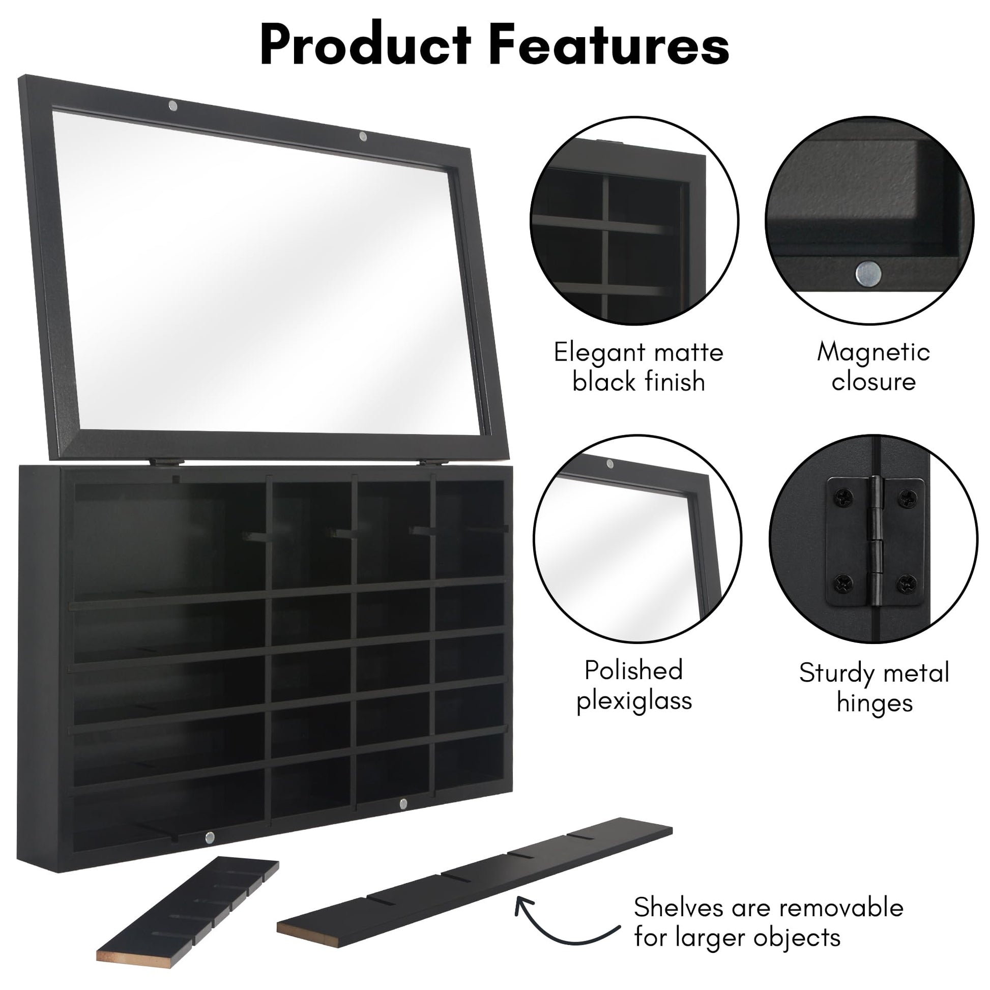 Americanflat 11x18 Toy Car Display Case - Holds up to 30 Cars - Model Car Displays with Removable Shelves and Shatter-Resistant Glass - Wall Mounted